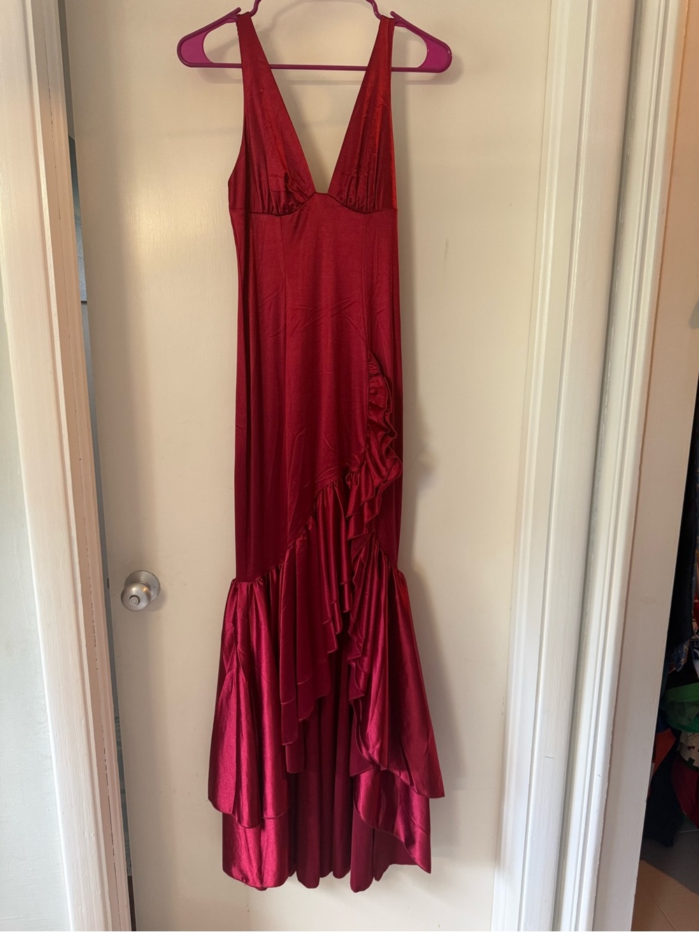 Hello Molly Satin Red V-Neck Ruffle Maxi Dress